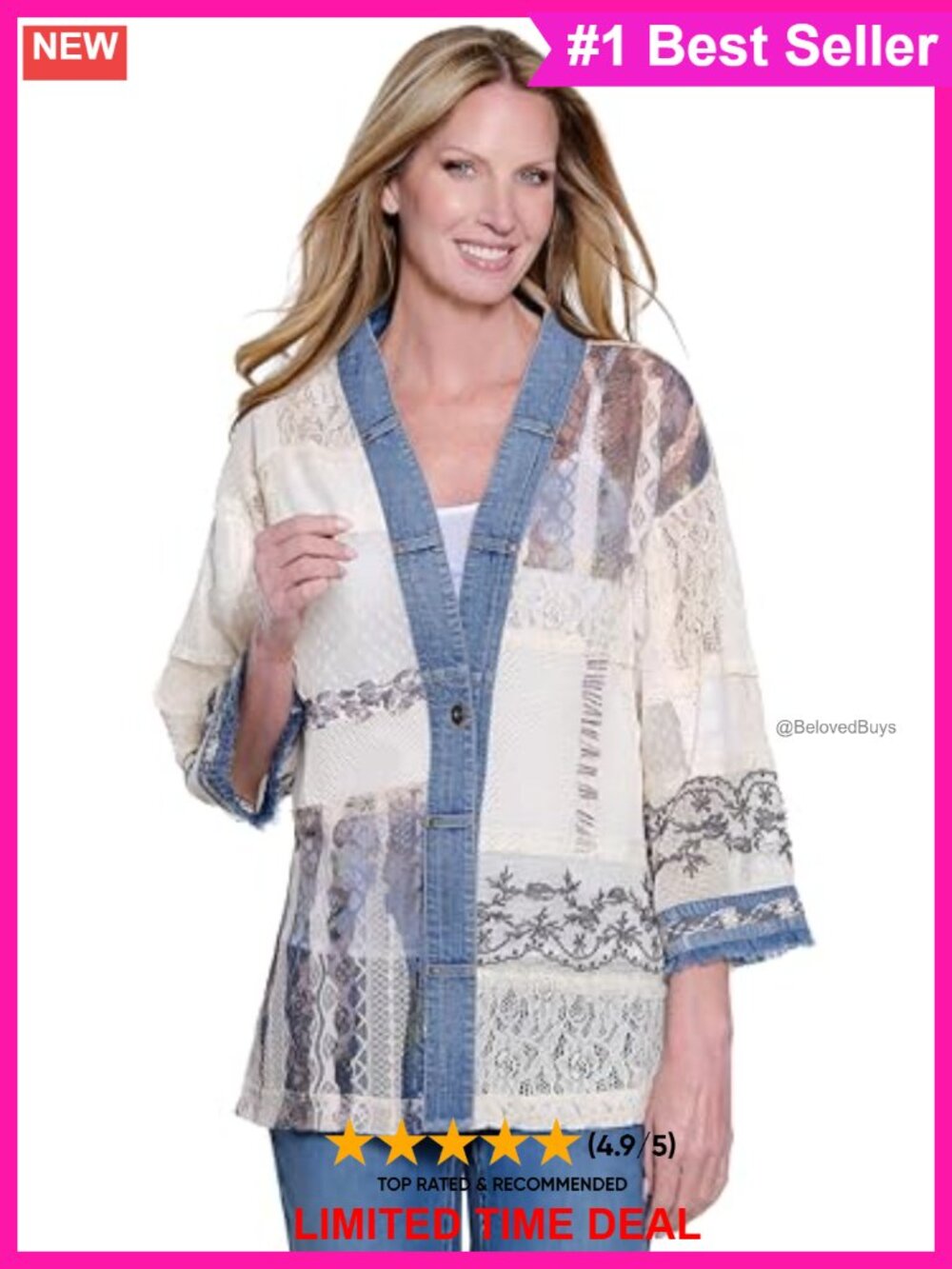 Women's Woven Lave Patchwork 3/4 Sleeve Jacket with Woven Trim